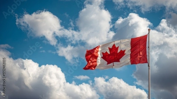 Fototapeta Canadian Flag flailing in the wind. Blue sky with clouds in background