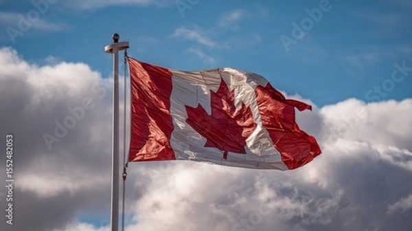 Fototapeta Canadian Flag flailing in the wind. Blue sky with clouds in background