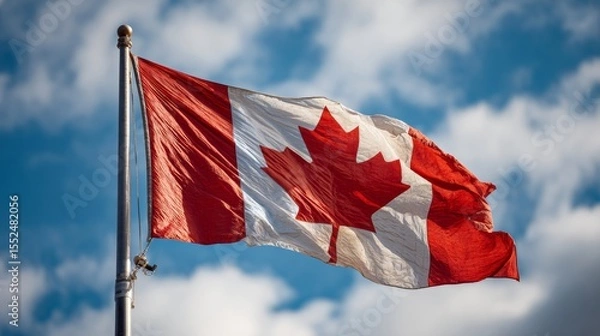 Fototapeta Canadian Flag flailing in the wind. Blue sky with clouds in background