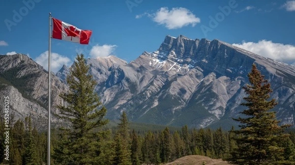 Fototapeta Canadian Flag with Rockie Mountains in the background during a sunny summer day. Taken in Banff National Park, Alberta, Canada. 