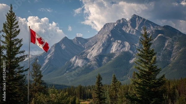 Fototapeta Canadian Flag with Rockie Mountains in the background during a sunny summer day. Taken in Banff National Park, Alberta, Canada. 