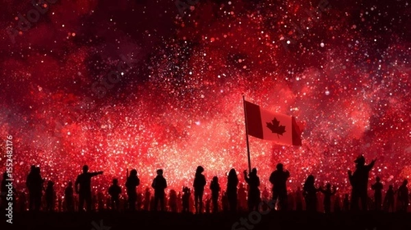 Fototapeta Celebrating canada day silhouettes of crowd holding flag with dazzling fireworks display