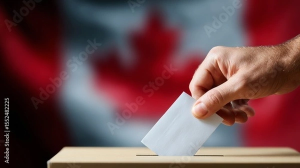 Fototapeta Close-up of human hand casting and inserting a vote and choosing and making a decision what he wants in polling box with Canada flag blended in background 