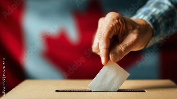 Fototapeta Close-up of human hand casting and inserting a vote and choosing and making a decision what he wants in polling box with Canada flag blended in background 