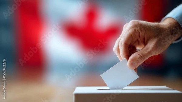 Fototapeta Close-up of human hand casting and inserting a vote and choosing and making a decision what he wants in polling box with Canada flag blended in background 