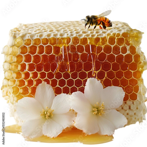 Fototapeta Honeycombs with Golden Honey on White Surface – Natural Sweetness Concept.