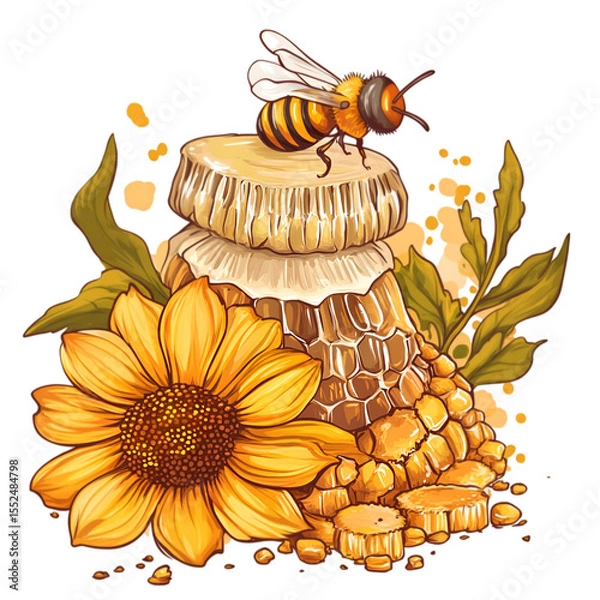 Fototapeta Honeycombs with Golden Honey on White Surface – Natural Sweetness Concept.
