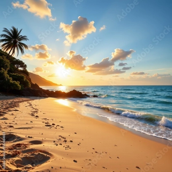 Fototapeta a serene tropical beach scene at sunrise.