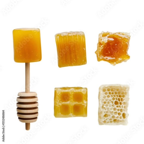 Fototapeta Honeycombs with Golden Honey on White Surface – Natural Sweetness Concept.