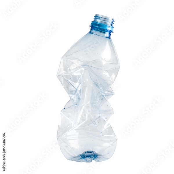 Fototapeta Crumpled plastic bottle isolated on white or transparent background. PNG, ideal for recycling, waste, or environmental themes.