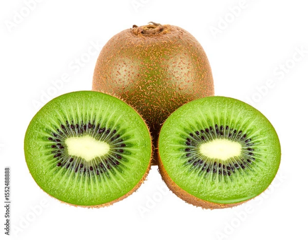 Obraz A whole kiwi fruit and two halved kiwis, showcasing their vibrant green flesh and tiny black seeds
