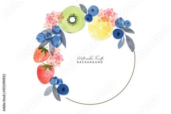 Obraz Set of summer fruits watercolor art pattern frame background. Sweet kiwi, blueberry and lemon in frame.Summer fruits pattern. Fruit berry background. Watercolor fruit texture