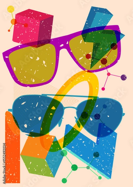Fototapeta Risograph Glasses with geometric shapes. Objects in trendy riso graph print texture style design with geometry elements.