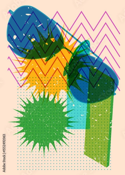 Fototapeta Risograph Glasses with geometric shapes. Objects in trendy riso graph print texture style design with geometry elements.