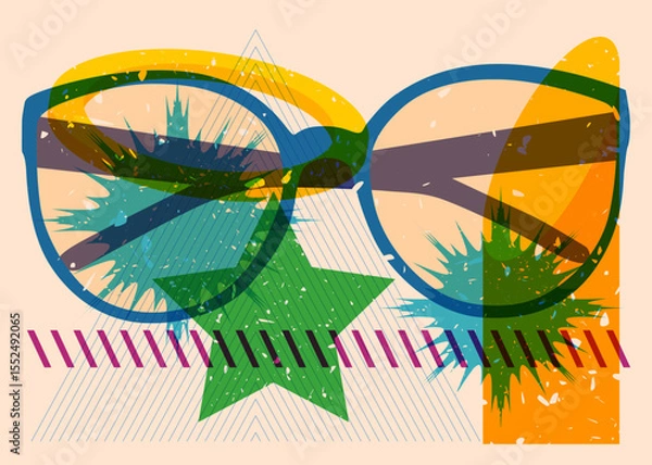 Fototapeta Risograph Glasses with geometric shapes. Objects in trendy riso graph print texture style design with geometry elements.