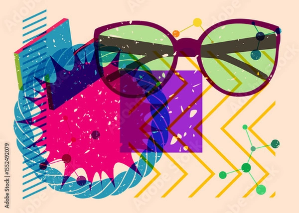 Fototapeta Risograph Glasses with geometric shapes. Objects in trendy riso graph print texture style design with geometry elements.