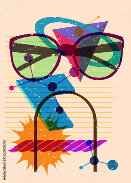 Fototapeta Risograph Glasses with geometric shapes. Objects in trendy riso graph print texture style design with geometry elements.