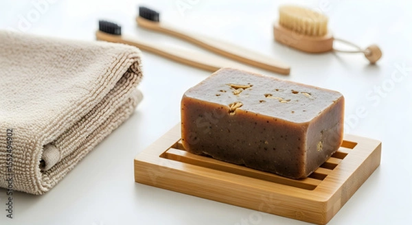 Fototapeta Minimalist Zero Waste Self Care Kit with Soap, Towel, and Bamboo Toothbrushes