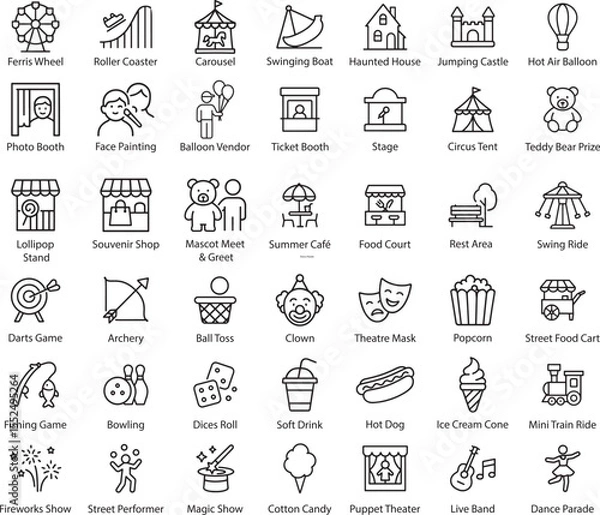 Obraz Amusement Park Outline Icons Vector, Isolated on White Background