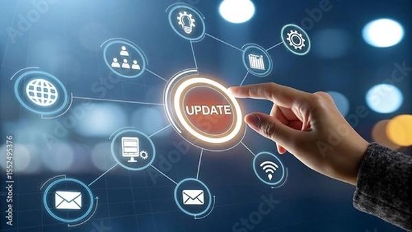 Fototapeta Human finger presses the word update on a glowing digital interface connecting various technology and business icons