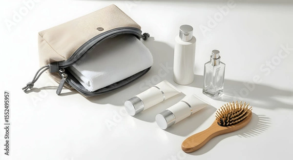 Fototapeta Minimalist Zero Waste Self Care Kit with reusable containers and wooden brush on bright background. Eco-friendly lifestyle concept.