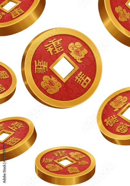 Fototapeta Chinese Coins Illustration Golden and Red For New Year Celebration