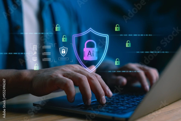 Fototapeta AI cybersecurity protection concept with shield icon and secure data interface. Suitable for illustrating smart data security, AI-driven threat detection and modern digital privacy solutions.