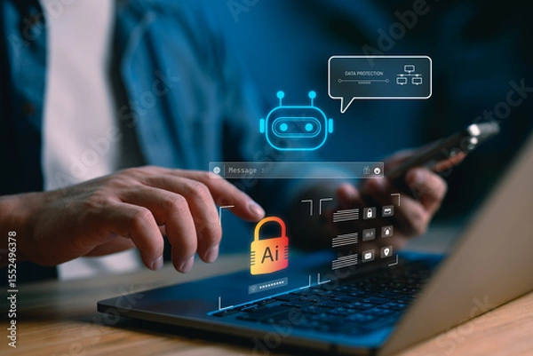 Fototapeta AI data protection and chatbot interface concept for secure messaging and digital privacy. Automated Data smart AI security systems, encrypted communication and modern data management.