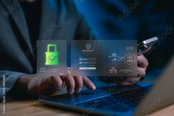 Obraz Cybersecurity dashboard interface showing data protection, secure login, and network architecture. Ideal for illustrating digital security systems, privacy controls, UI design for secure platforms.