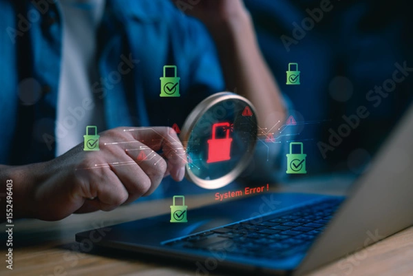 Fototapeta Cybersecurity system error and data breach warning concept. A red unlocked padlock and alert icons symbolize vulnerability detection and digital threat investigation in computer networks.