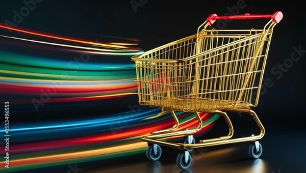 Fototapeta The glowing golden cart captures the thrill of online shopping in a vivid, imaginative way.