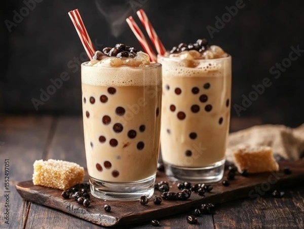 Fototapeta Two glasses of bubble tea, topped with brown tapioca pearls and red straws, sit on a wooden board