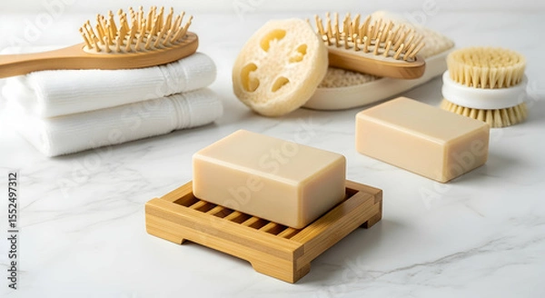 Fototapeta Eco-Friendly Zero Waste Self Care Kit with Soap, Brushes and Towels on White Marble Background