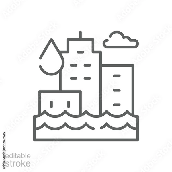 Fototapeta Flooded City Icon. Outline Style Editable Stroke. Thin Line Symbol of Climate Anxiety, Urban Flood Disaster, Rising Water Levels, Global Warming Impact, and Environmental Crisis Awareness.