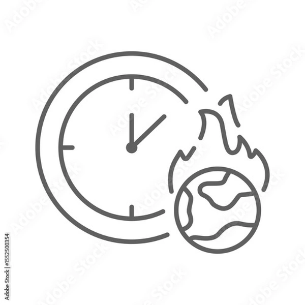Fototapeta Burning Earth Clock Icon. Outline Style Editable Stroke. Thin Line Symbol of Climate Anxiety, Global Warming, Urgency, Environmental Crisis, and Climate Change Countdown Awareness.