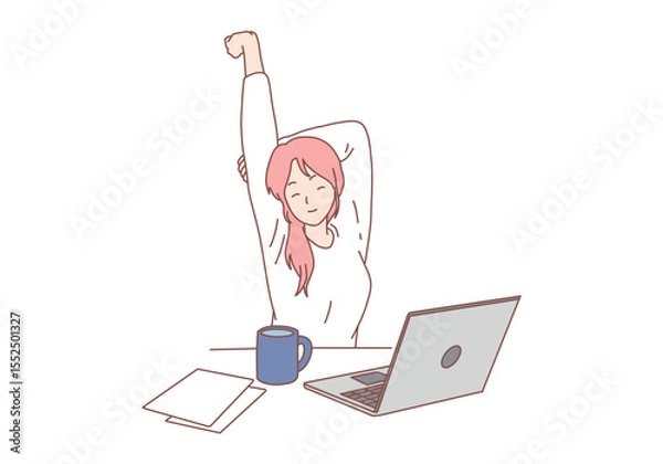Fototapeta Exhausted female employee stretching sitting at desk in office. Tired woman do gymnastics and exercises at workplace. Sport activity. Hand drawn style vector design illustrations.