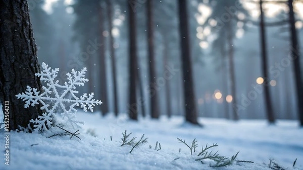 Fototapeta Winter Wonderland A Snowflake's Gentle Rest in the Frozen Forest
