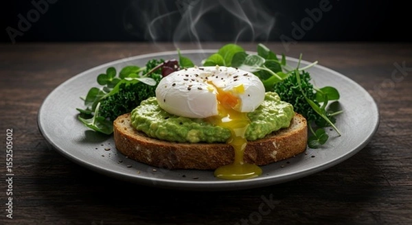 Fototapeta Steaming Poached Egg on Avocado Toast with Greens