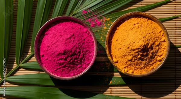 Fototapeta Colorful Holi Powders in Bowls with Palm Leaf on Woven Mat