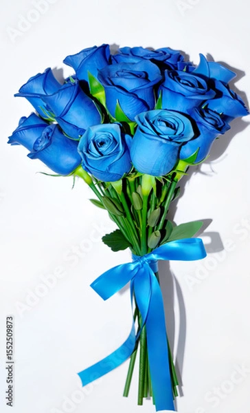 Fototapeta Fresh beautiful bouquet of blue roses. Flowers tied with a blue bow, ribbon, on a white background. Object isolated.