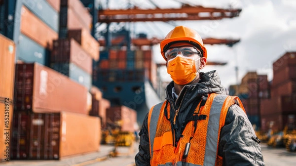 Obraz Cargo port worker wearing safety gear, including helmet and mask, stands confidently among shipping containers, ensuring safety and efficiency