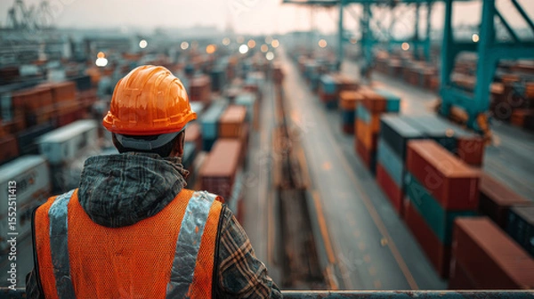 Obraz Male worker in safety vest and helmet observes busy shipping yard filled with colorful containers, showcasing hustle of logistics