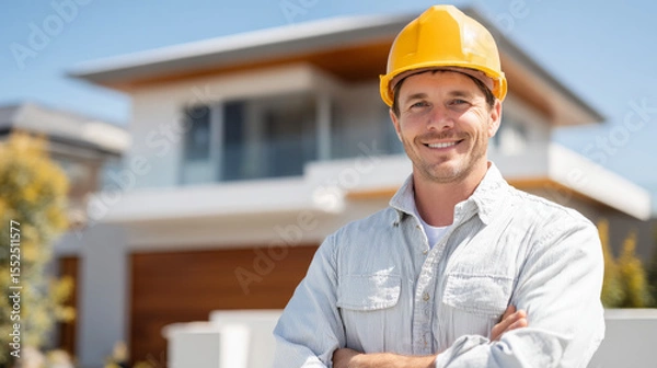 Obraz Portrait of smiling construction worker wearing yellow hard hat, standing confidently in front of modern house, showcasing pride in his work
