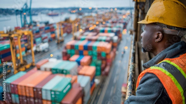 Obraz Worker in safety vest and helmet observes busy shipping port filled with colorful containers, showcasing bustling activity of logistics
