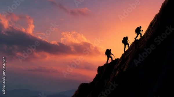 Obraz Climbers ascend rocky mountain at sunset, silhouetted against vibrant sky, showcasing determination and adventure