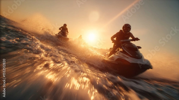 Obraz Two jet skis racing across ocean at sunset, creating splashes of water, with riders enjoying thrill of adventure