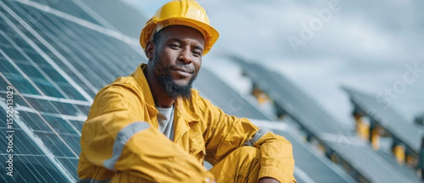 Obraz Confident Black engineer in yellow safety helmet and jumpsuit poses in front of solar panels, showcasing dedication to renewable energy