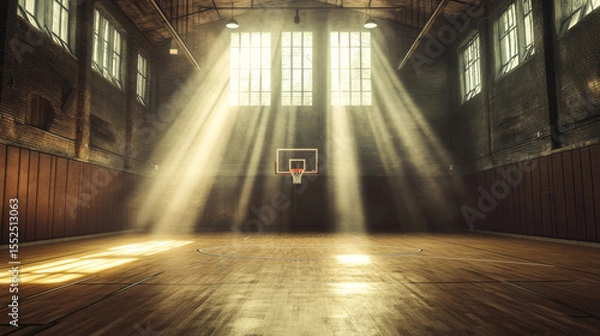 Obraz Vintage basketball gymnasium with wooden floor, illuminated by sunlight streaming through large windows, creates nostalgic atmosphere