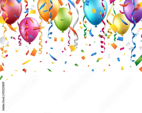 Fototapeta Colorful balloons, confetti and streamers on white background. Vector