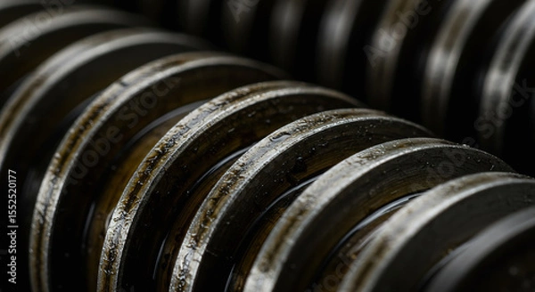 Fototapeta "Industrial macro of machine parts with oil and grime, emphasizing wear and usage."

